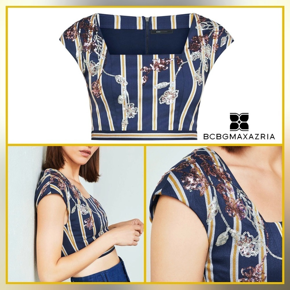 BCBGMaxAzria Blue Floral Sequin Embellished Cropped Top - Picture 5 of 12